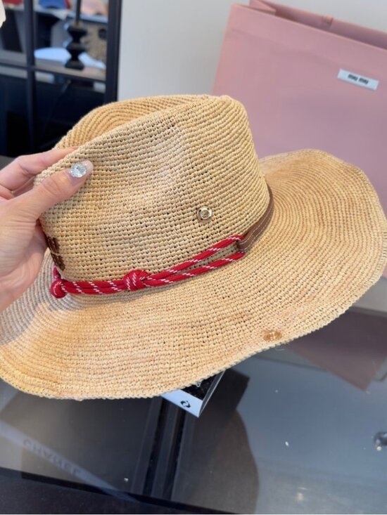 Miu Miu Natural Raffia Straw Western Hat Red Cord Band Embroidered Logo - Picture 7 of 8